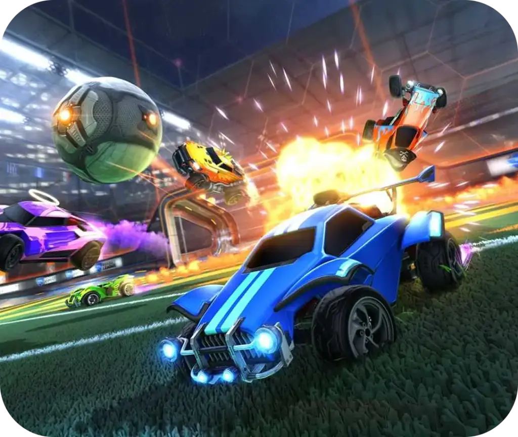 Actierijke scène van raketauto's die strijden om de bal met een vurige explosie bij het doel in een energieke arenawedstrijd.